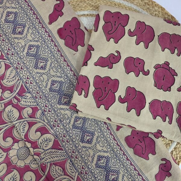 Kalamkari Cotton 2Pc Set(KC201) - pink elephant