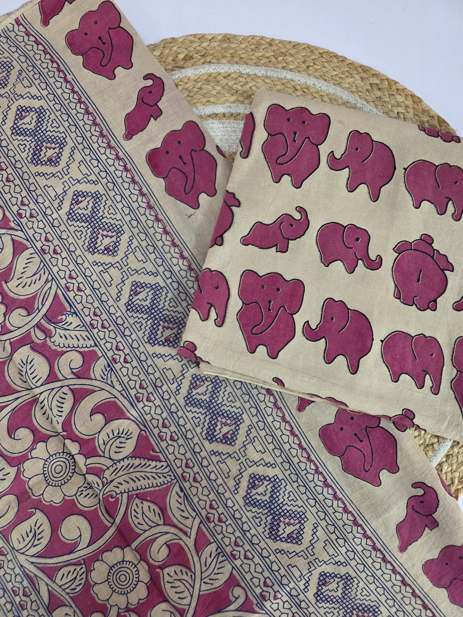 Kalamkari Cotton 2Pc Set(KC201) - pink elephant