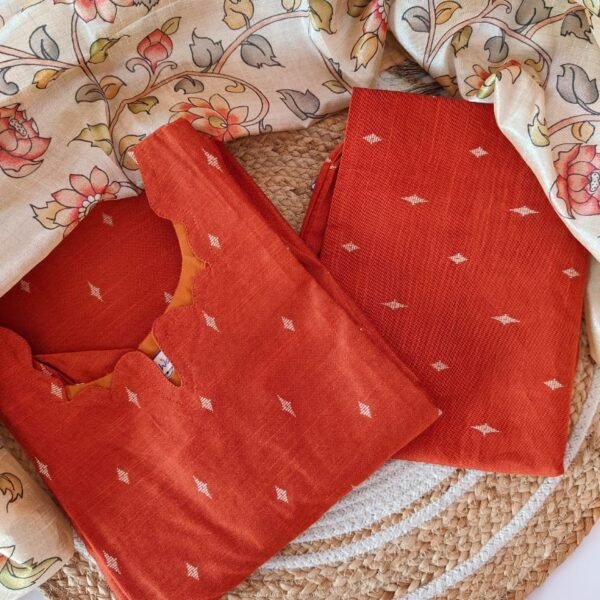 Rust Orange Raw Silk 3 Piece Set with Kalamkari Dupatta