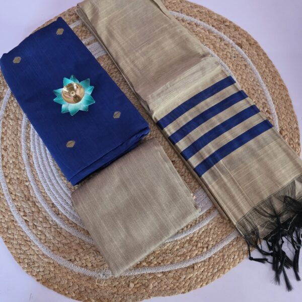 Raw Silk 3pc Set With Gold Dupatta - Royal Blue