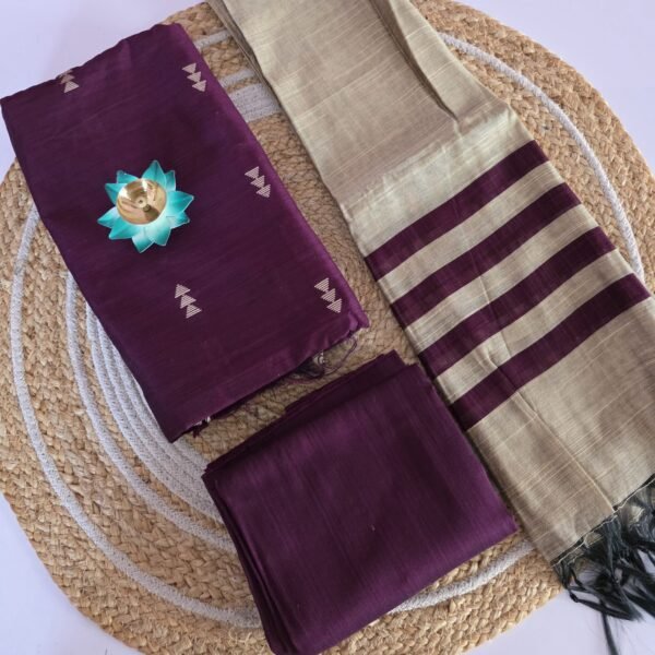 Raw Silk 3pc Set With Gold Dupatta - Wine