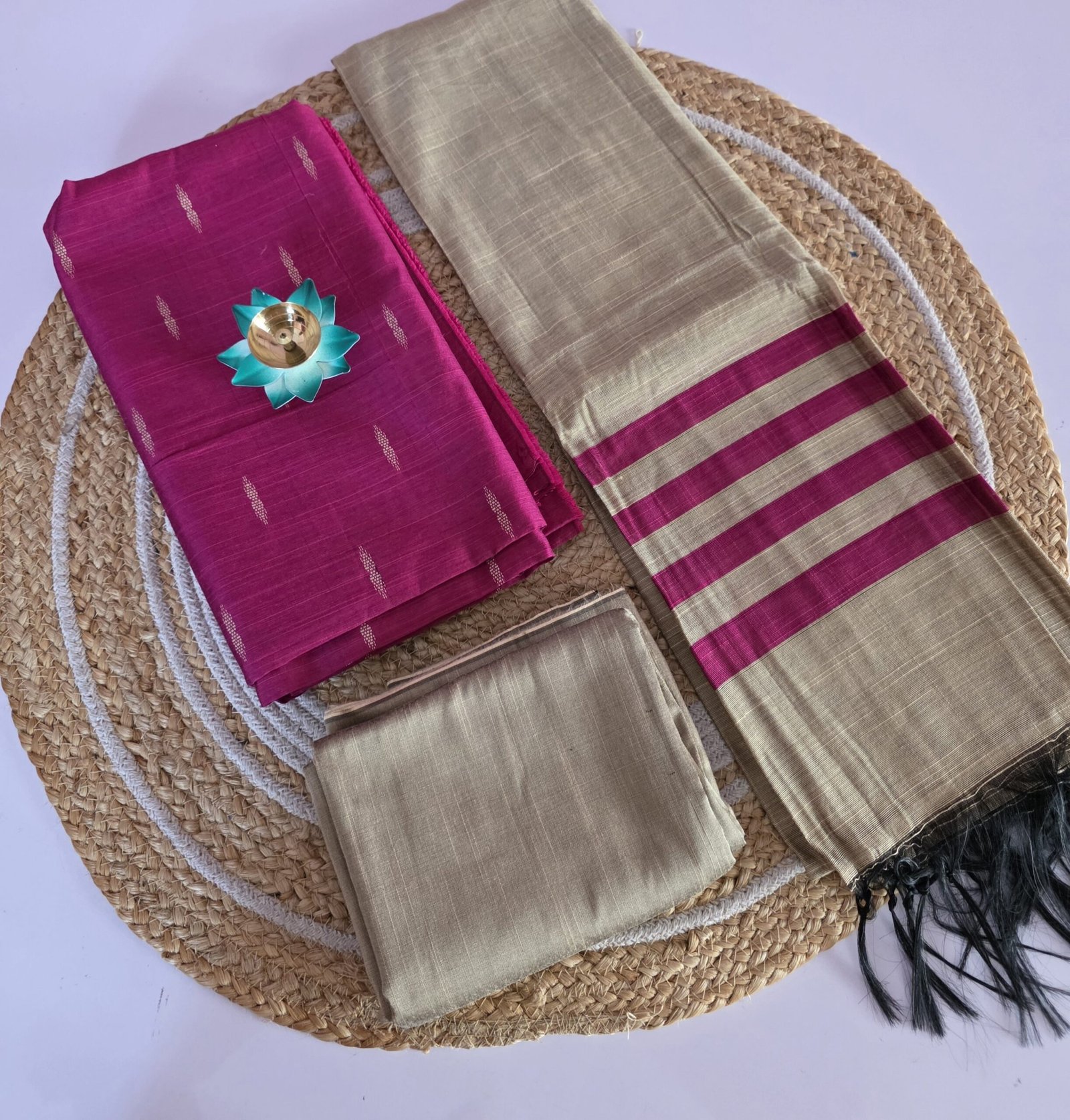 Raw Silk 3pc Set With Gold Dupatta - Rani Pink