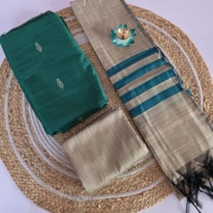 Raw Silk 3pc Set With Gold Dupatta - Green