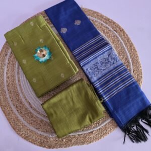 Raw Silk 3pc Set With Jacquard Zari Dupatta - Olive Green