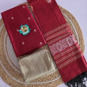 Raw Silk 3pc Set With Jacquard zari Dupatta - Red