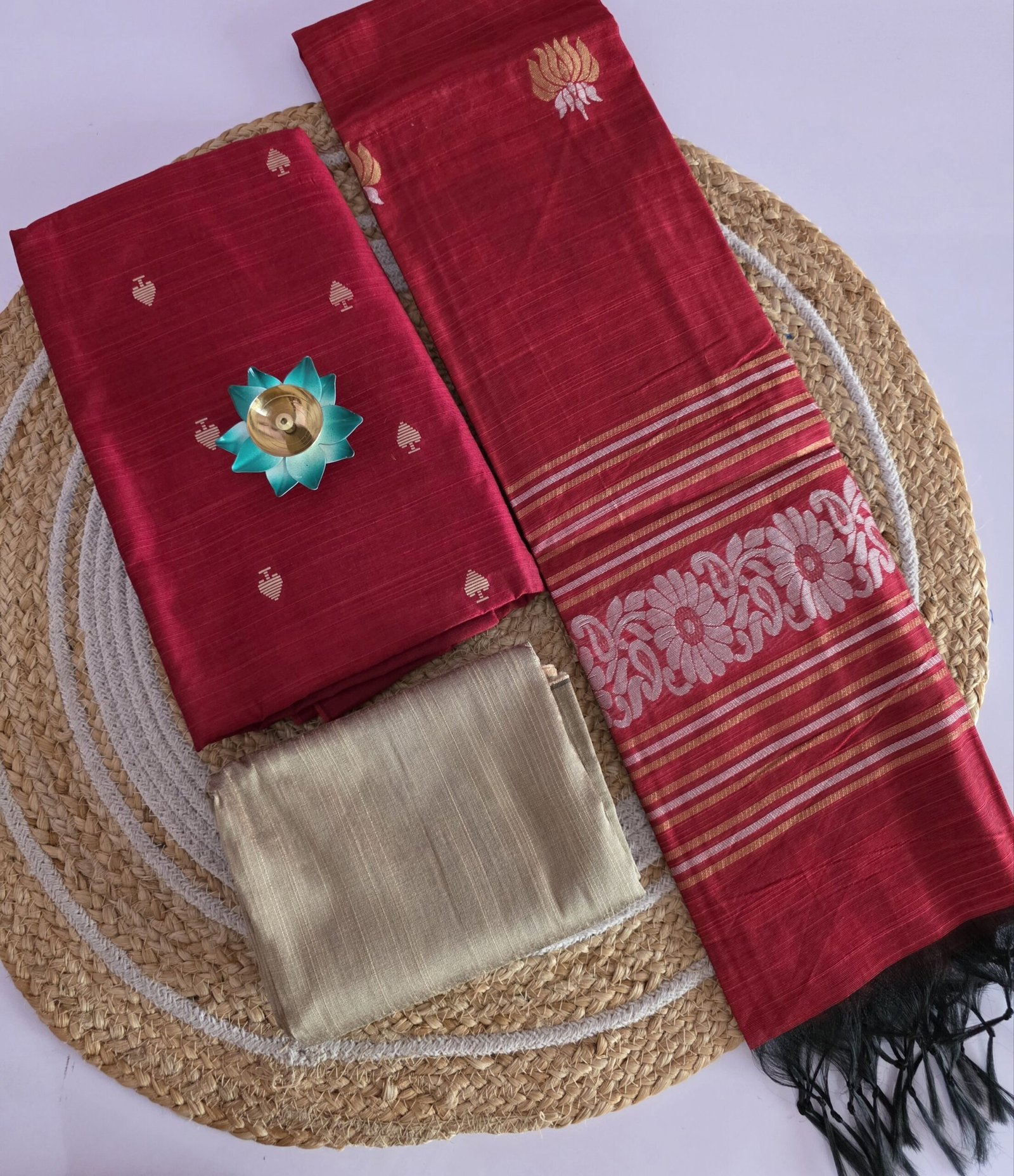 Raw Silk 3pc Set With Jacquard zari Dupatta - Red
