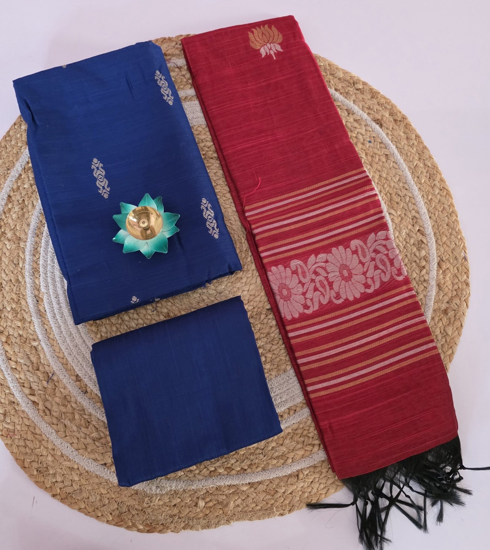 Raw Silk 3pc Set With Jacquard Zari Dupatta - Royal Blue