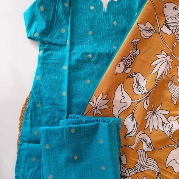 Ocean Blue With Yellow Raw Silk with Digital Printed Kalamari Dupatta