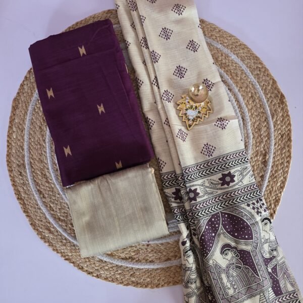 Raw Silk 3pc Set With Madhubani Dupatta - Wine