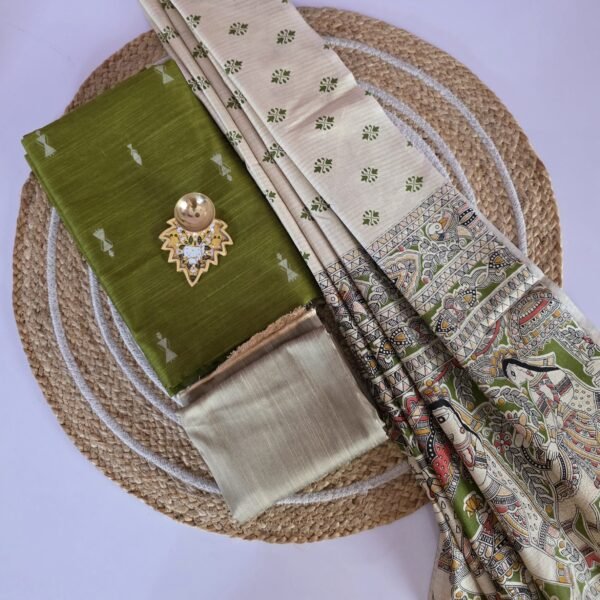 Raw Silk 3pc Set With Madhubani Dupatta - Green