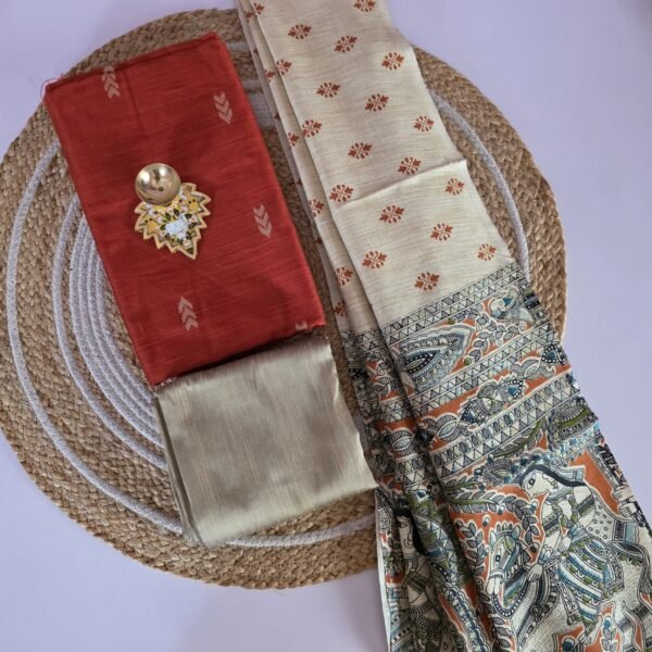 Raw Silk 3pc Set With Madhubani Dupatta - Rust Orange