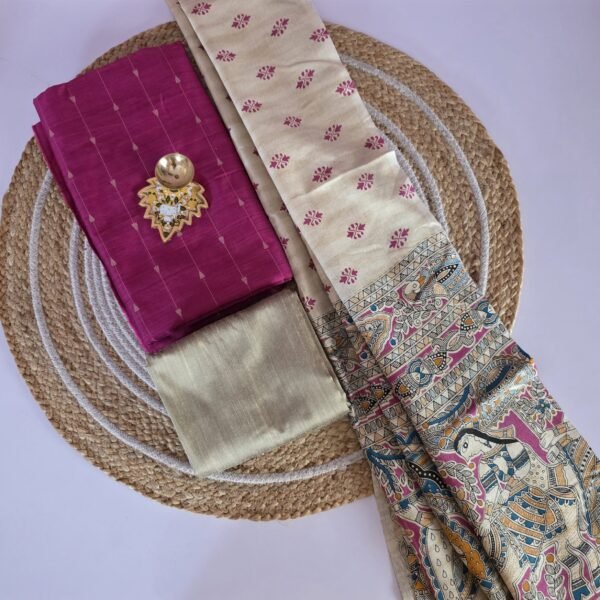 Raw Silk 3pc Set With Madhubani Dupatta - Rani Pink