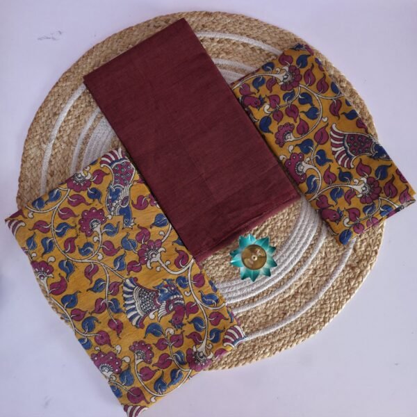 Kalamkari 3 Pc set - Red With Yellow Bird Print