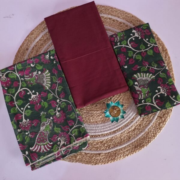 Kalamkari 3 Pc set - Red With Green Bird Print