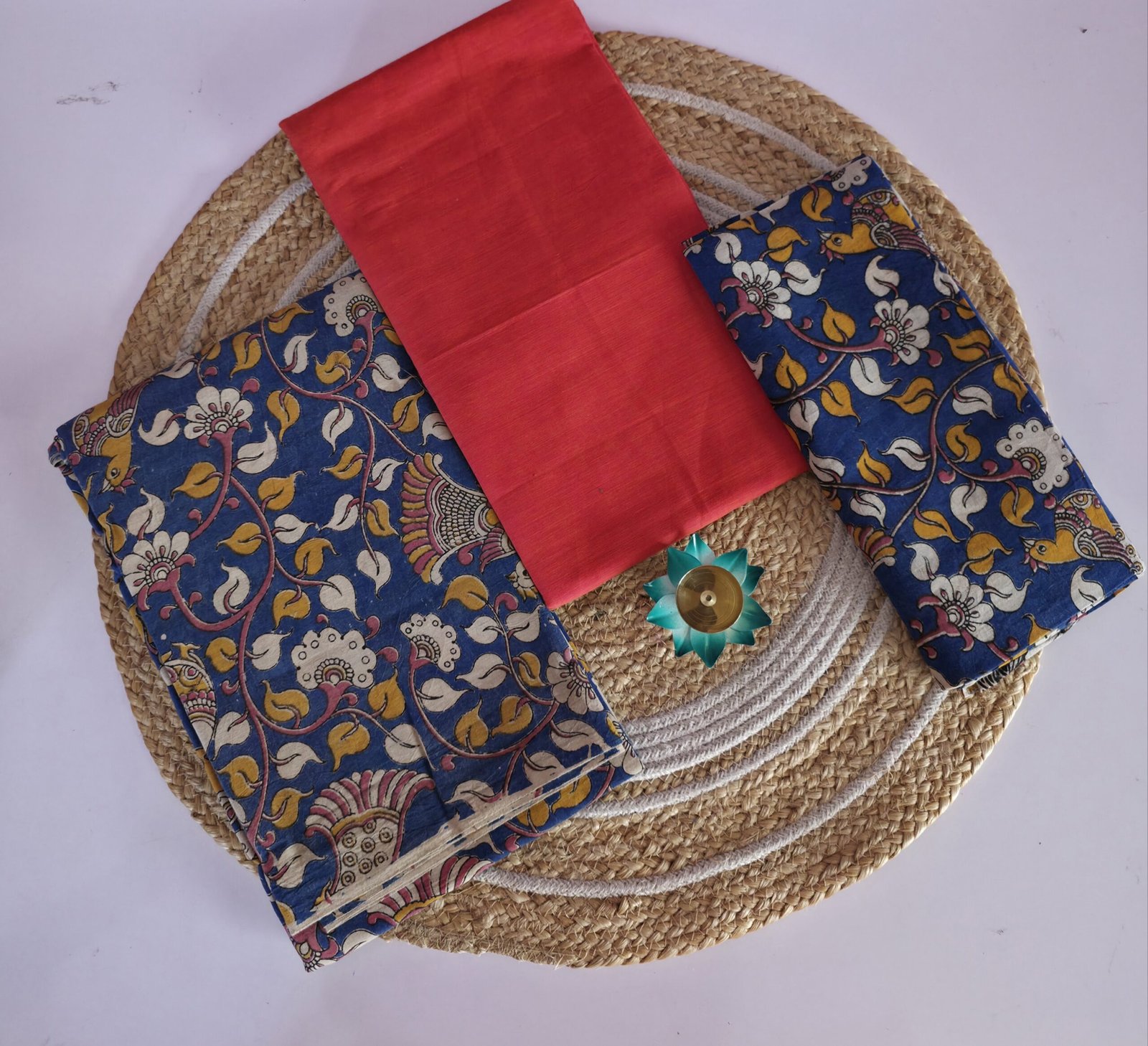 Kalamkari 3 Pc set - Orange With Blue Bird Print