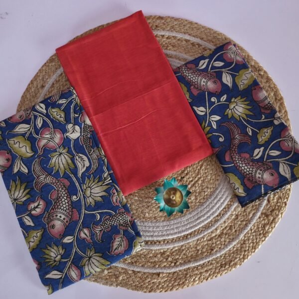 Kalamkari 3 Pc set - Orange With Bule Fish Print