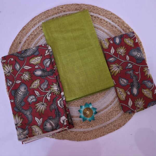 Kalamkari 3 Pc set - Green with Red Fish Print
