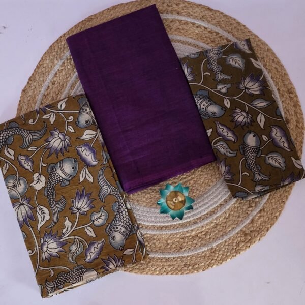Kalamkari 3 Pc set - Purple with Mustard Fish Print