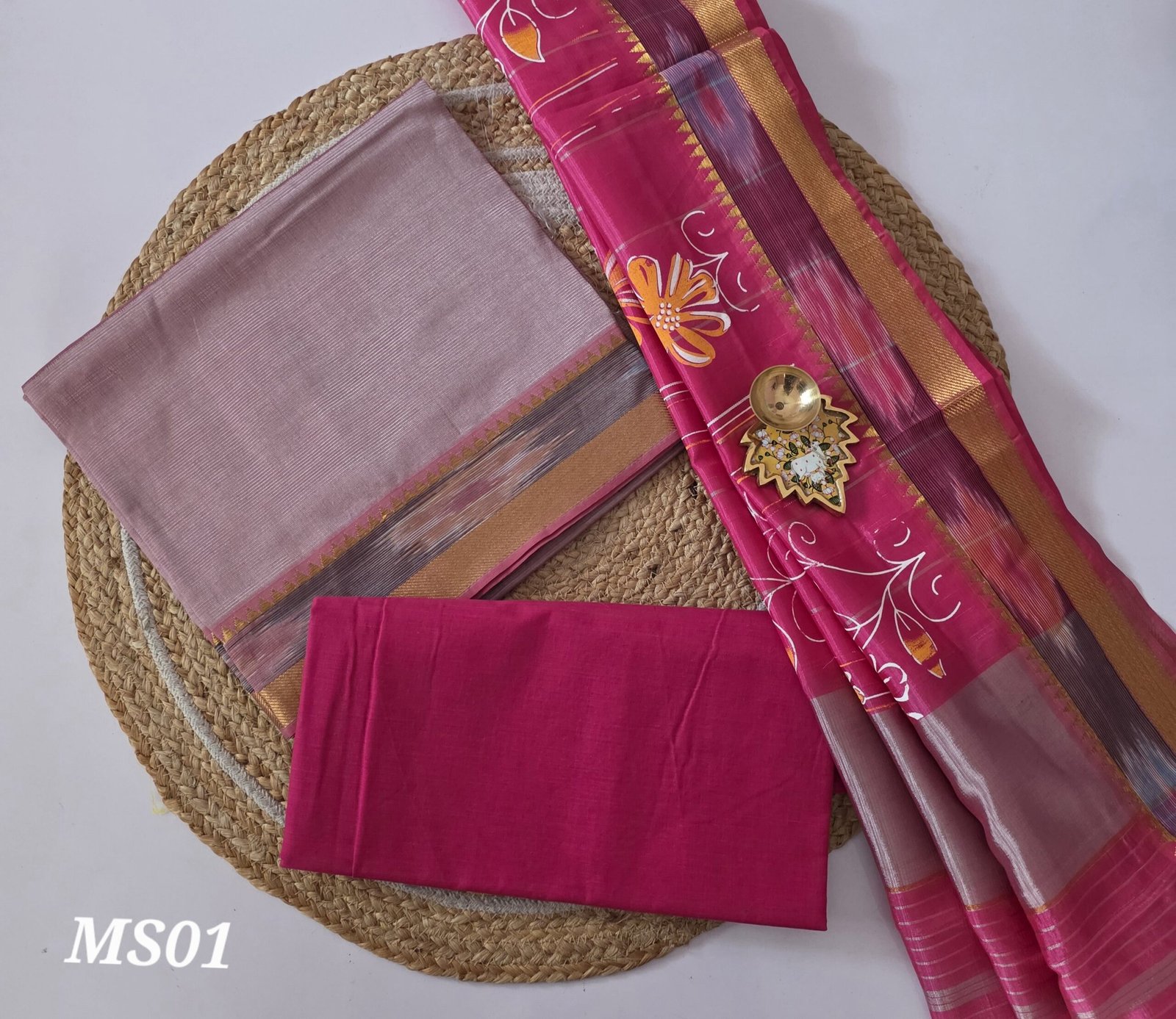 Mangalgiri Silk 3Pc Set - Pastel Pink - MS01