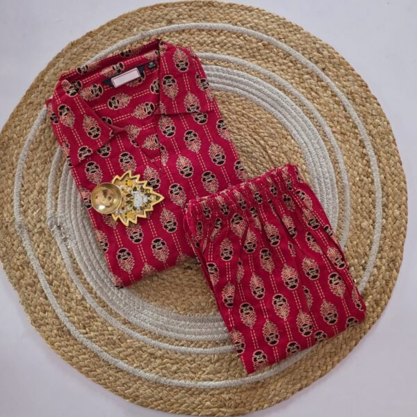 Ajrakh Cotton Co Ord Set - AJC04 - Red with collar neck