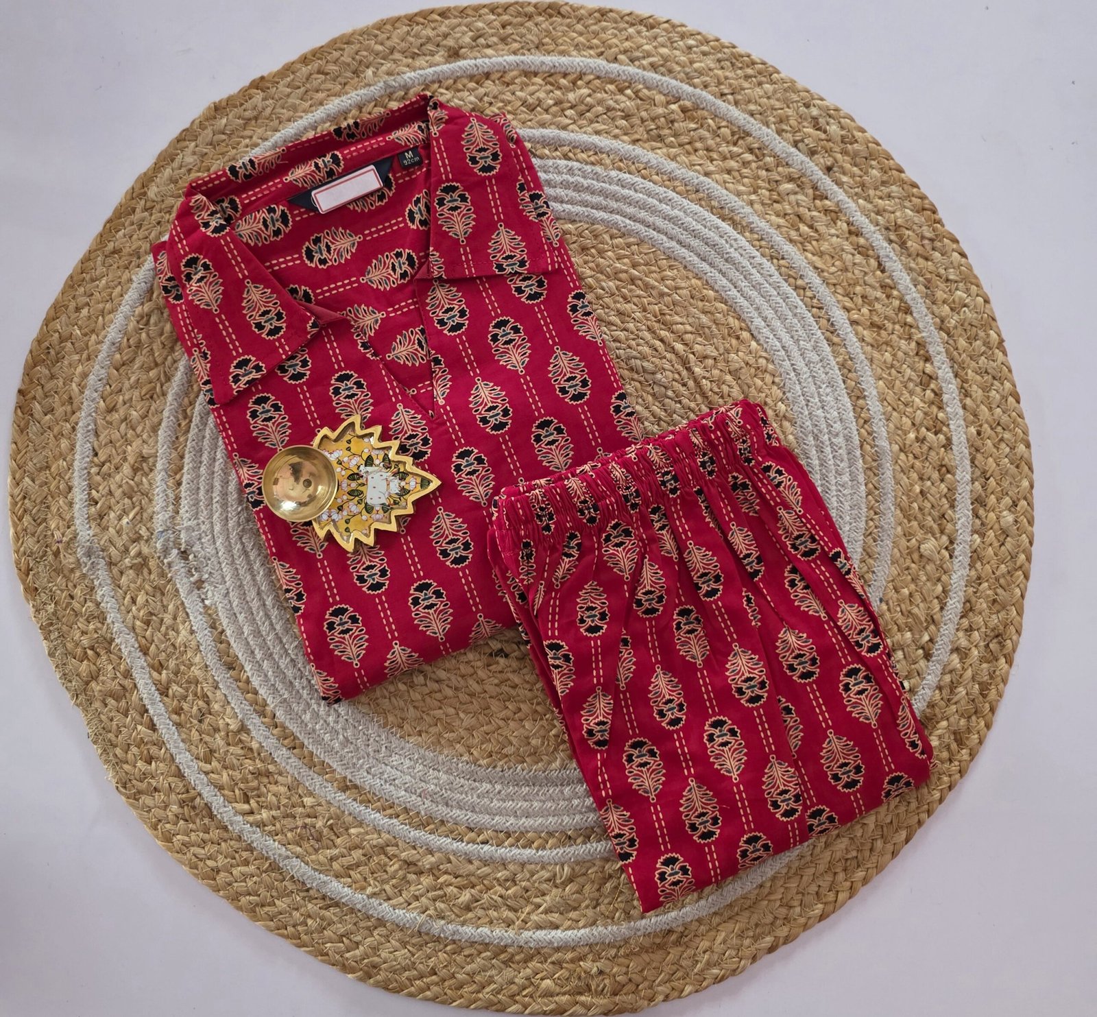 Ajrakh Cotton Co Ord Set - AJC04 - Red with collar neck
