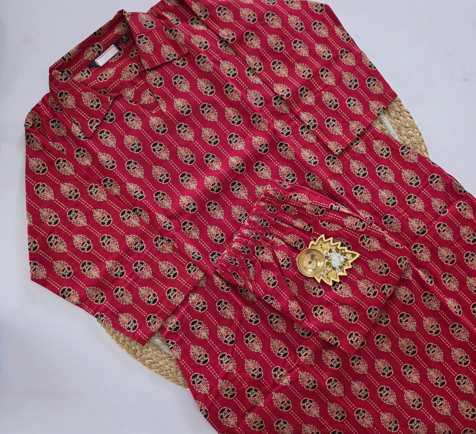 Ajrakh Cotton Co Ord Set - AJC04 - Red with collar neck - Image 2