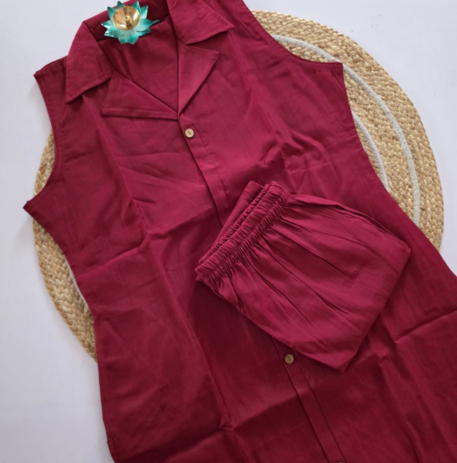 Premium Shining Flex Cotton Co Ord Set - Maroon Red - Image 2
