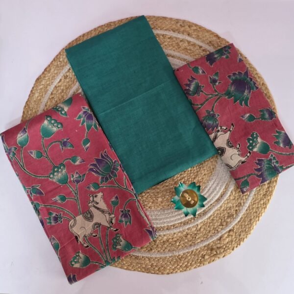 Kalamkari Cotton 3 Pc Set - Green With Pink - Cow & Lotus Print