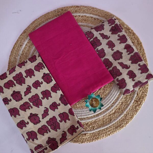 Kalamkari Cotton 3 Pc Set - Pink Elephant