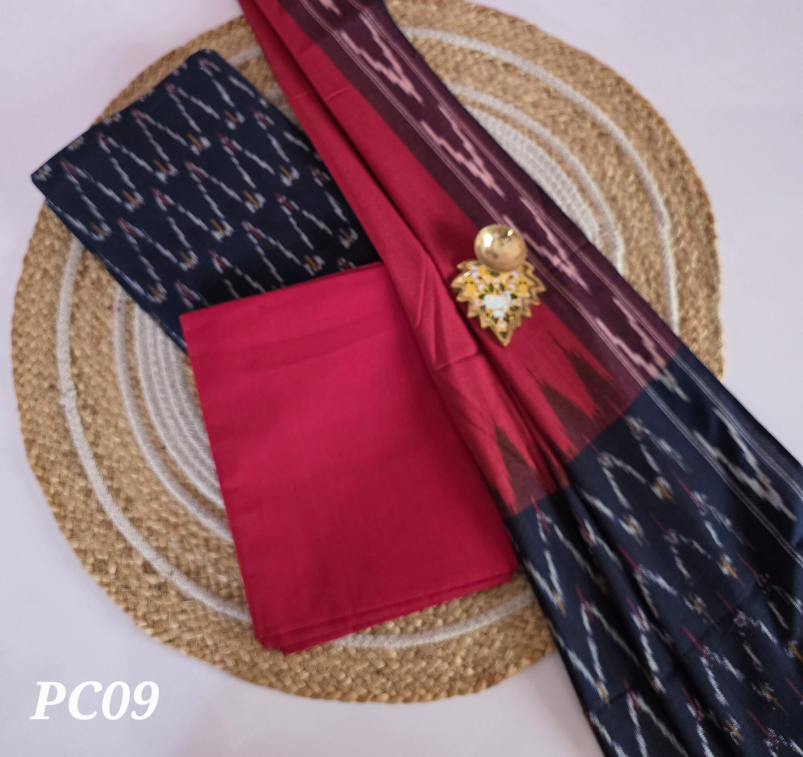Pochampally Ikkat Cotton - PC09(Navy Blue With Red)