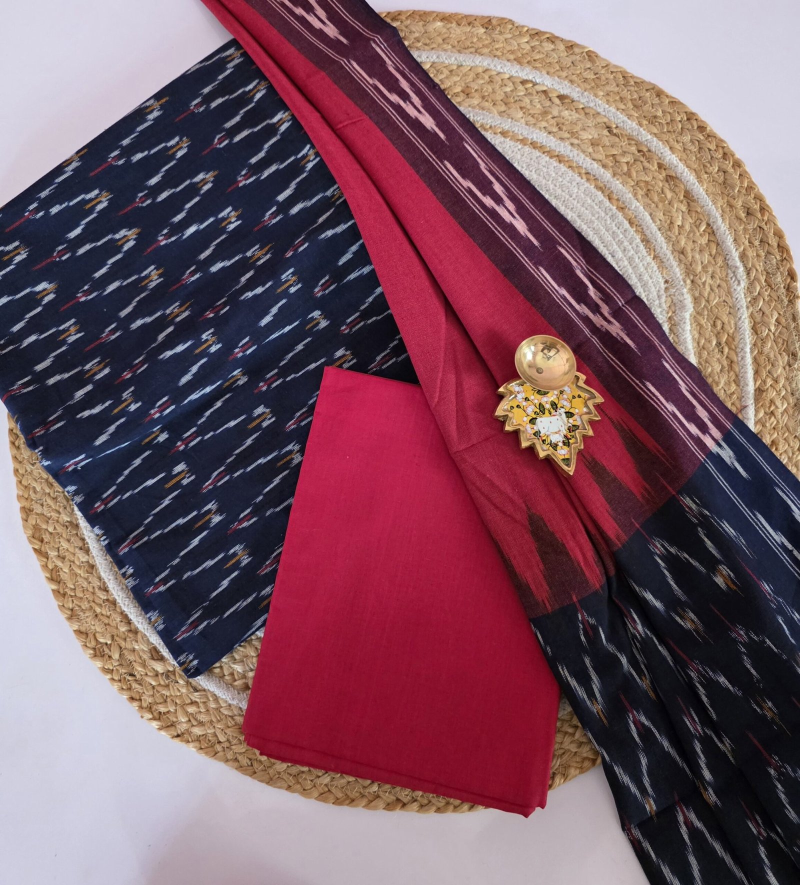 Pochampally Ikkat Cotton - PC09(Navy Blue With Red) - Image 2