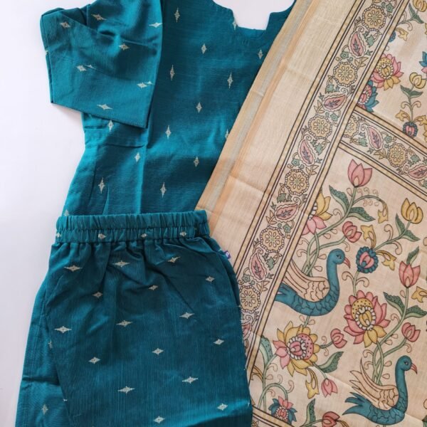 Raw Silk 3-piece set with Digital Printed Kalamkari Dupatta- Teal Blue