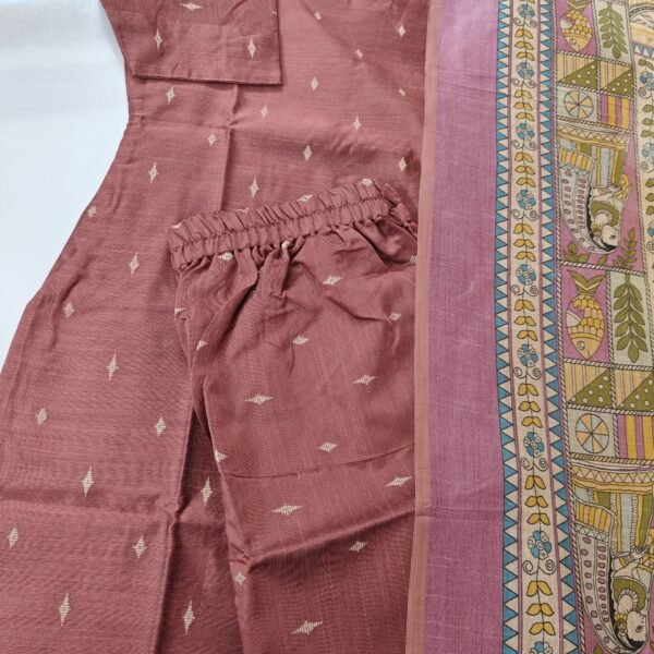 Raw Silk 3 Pc Set with Digital Printed Kalamkari Dupatta - Onion shade