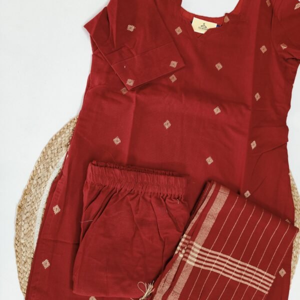 Prewashed Handloom Cotton 3 Pc Set - Red
