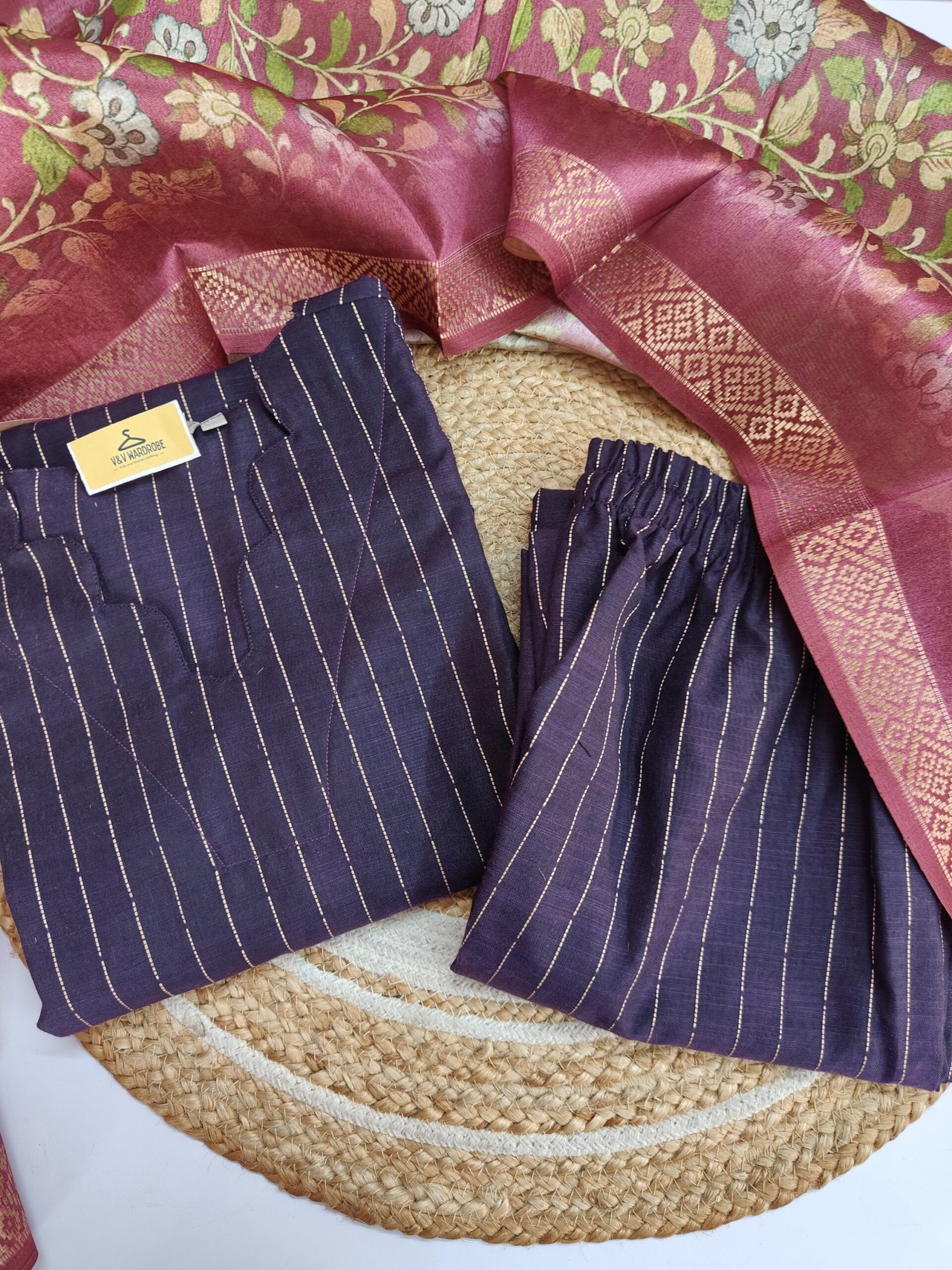 Plum Semi Raw Silk With Digital Printed Kalamkari Dupatta