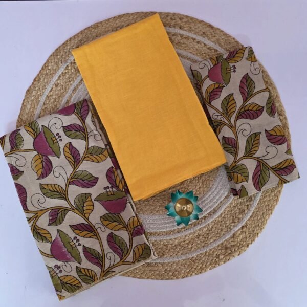 Kalamkari Salwar Set - Yellow Leaf Print