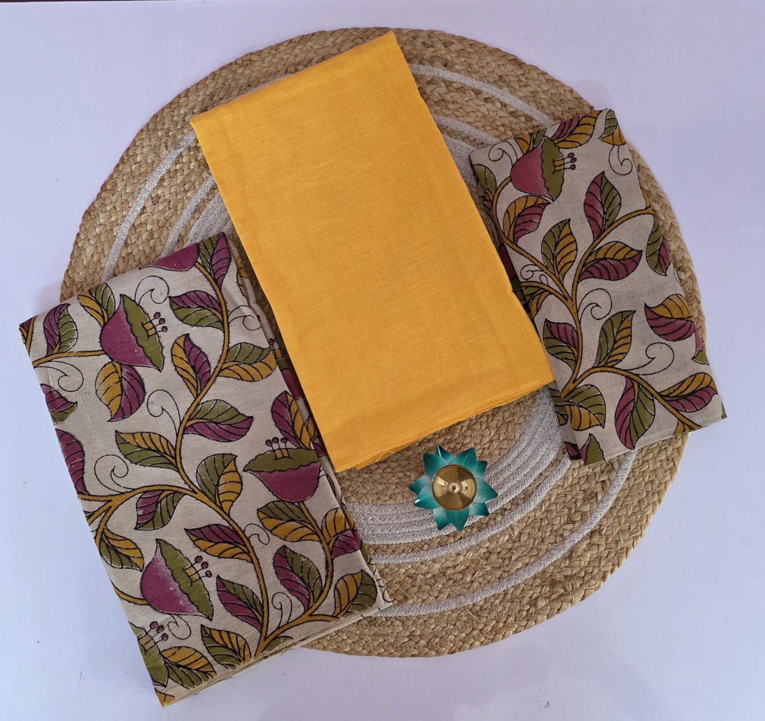 Kalamkari Salwar Set - Yellow Leaf Print