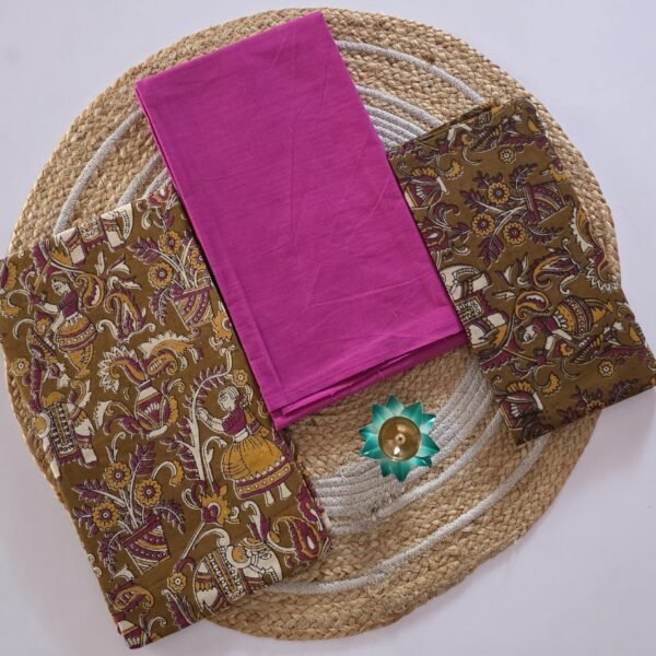 Kalamkari Salwar Set - Pink With Mustard Flower and elephant print