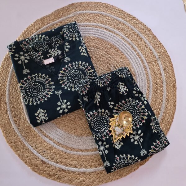 Flex Cotton Warli Print Co Ord With Palazzo Pant - Navy Blue