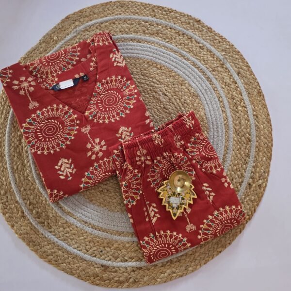 Flex Cotton Warli Print Co Ord With Palazzo Pant - Rust Orange