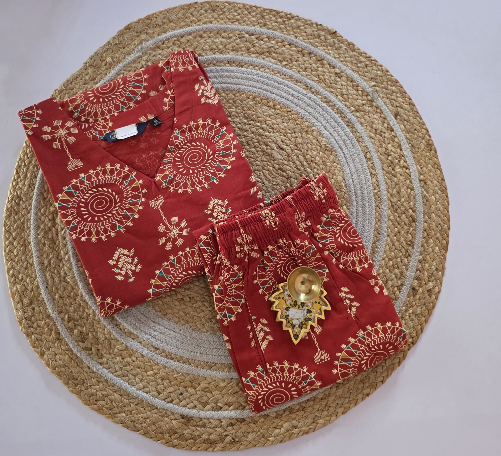 Flex Cotton Warli Print Co Ord With Palazzo Pant - Rust Orange