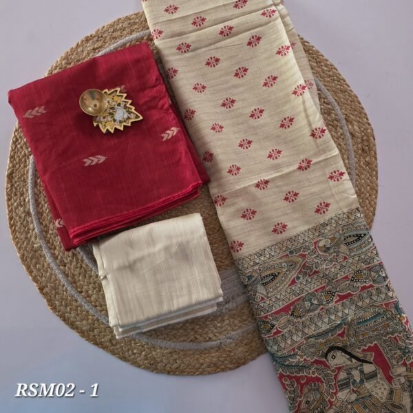 Raw Silk 3pc Set With Madhubani Dupatta - RSM02 (Red)