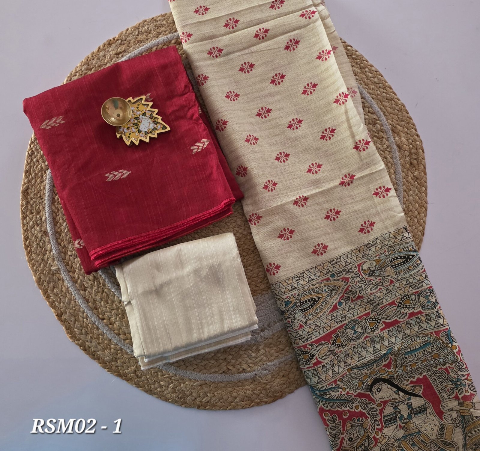 Raw Silk 3pc Set With Madhubani Dupatta - RSM02 (Red)
