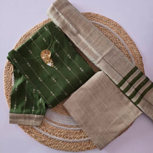 Raw Silk Salwar Set - Ready to Wear - Olive Green