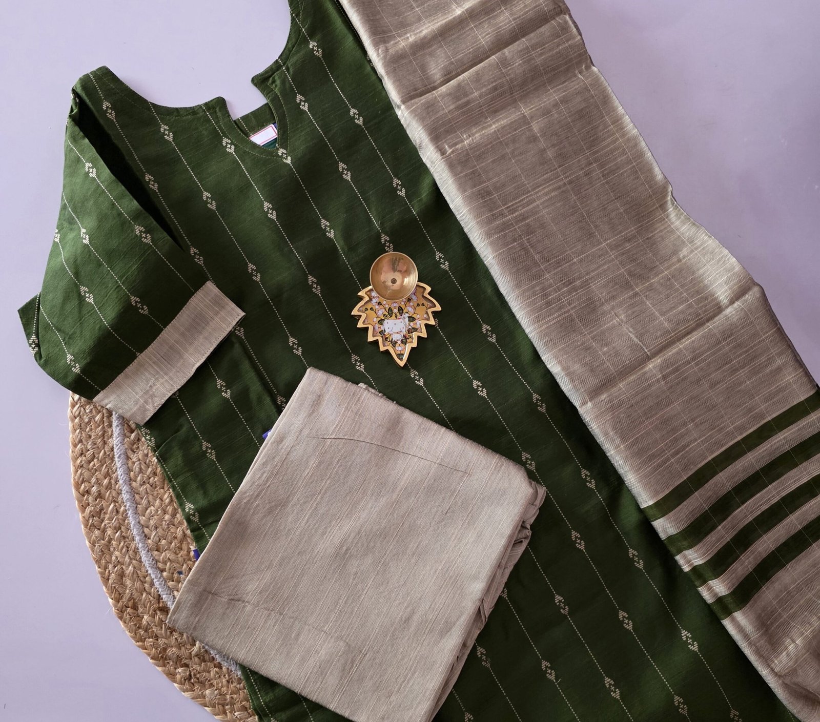 Raw Silk Salwar Set - Ready to Wear - Olive Green - Image 2