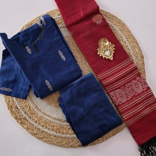 Raw Silk Salwar Set - Ready to Wear - Royal Blue with Red Jacard Dupatta