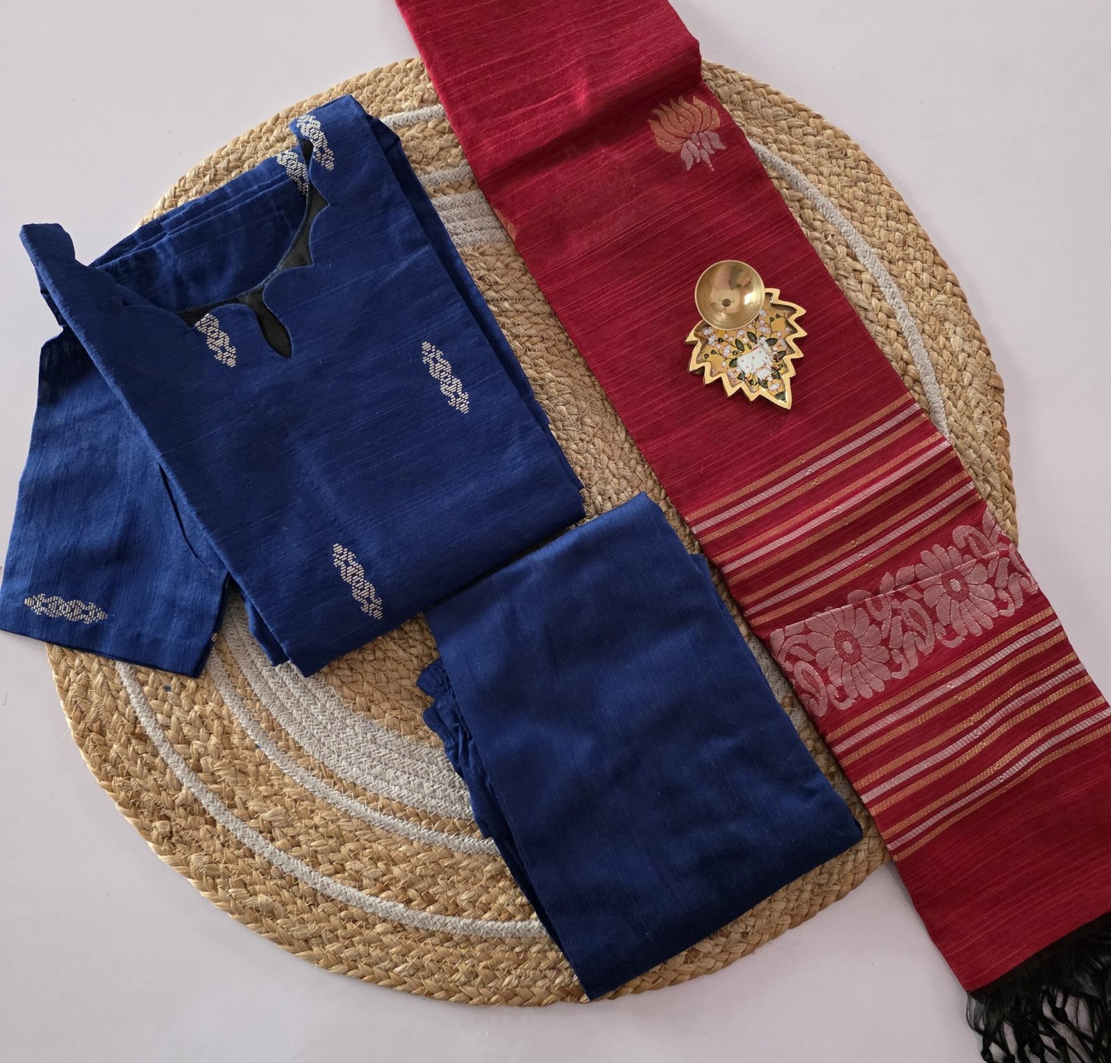 Raw Silk Salwar Set - Ready to Wear - Royal Blue with Red Jacard Dupatta