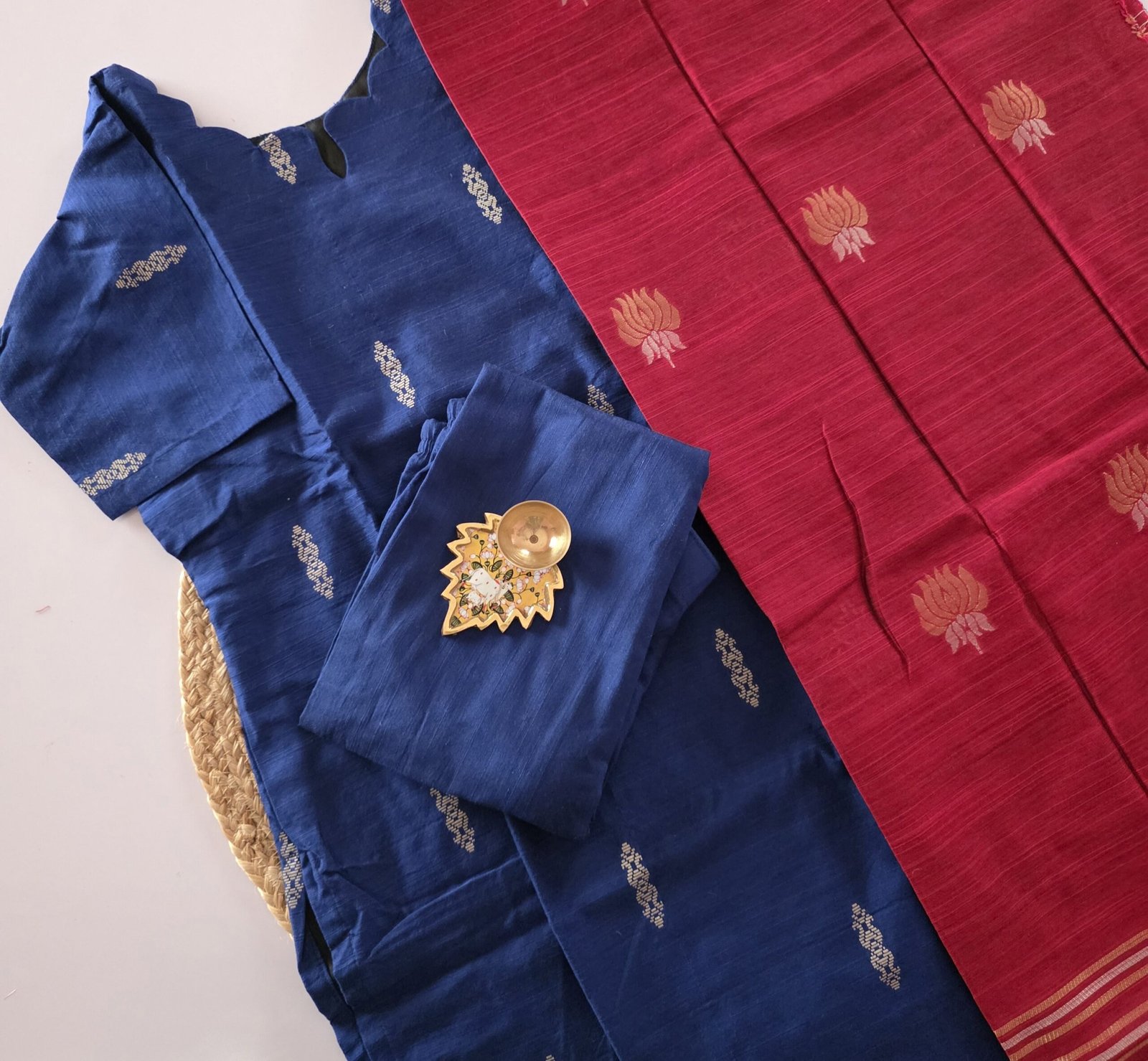 Raw Silk Salwar Set - Ready to Wear - Royal Blue with Red Jacard Dupatta - Image 3