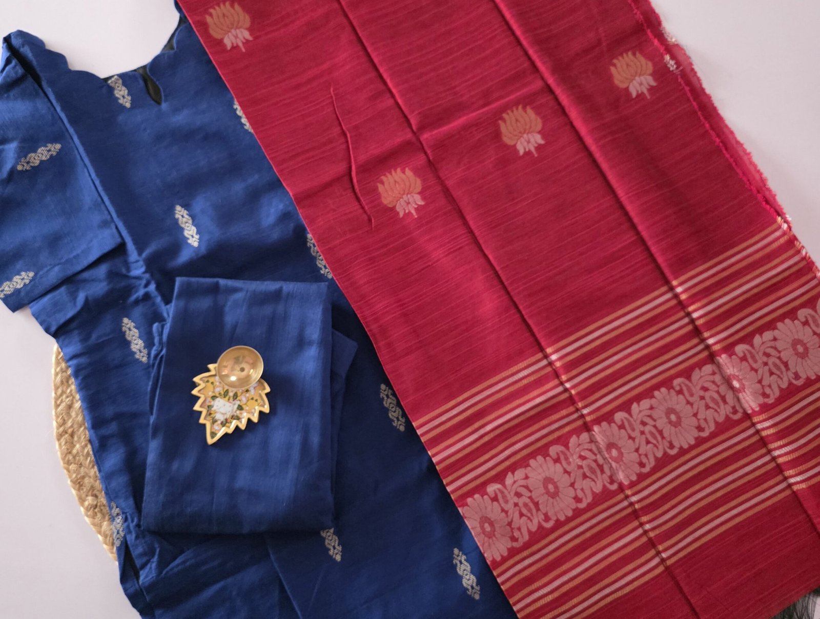 Raw Silk Salwar Set - Ready to Wear - Royal Blue with Red Jacard Dupatta - Image 2
