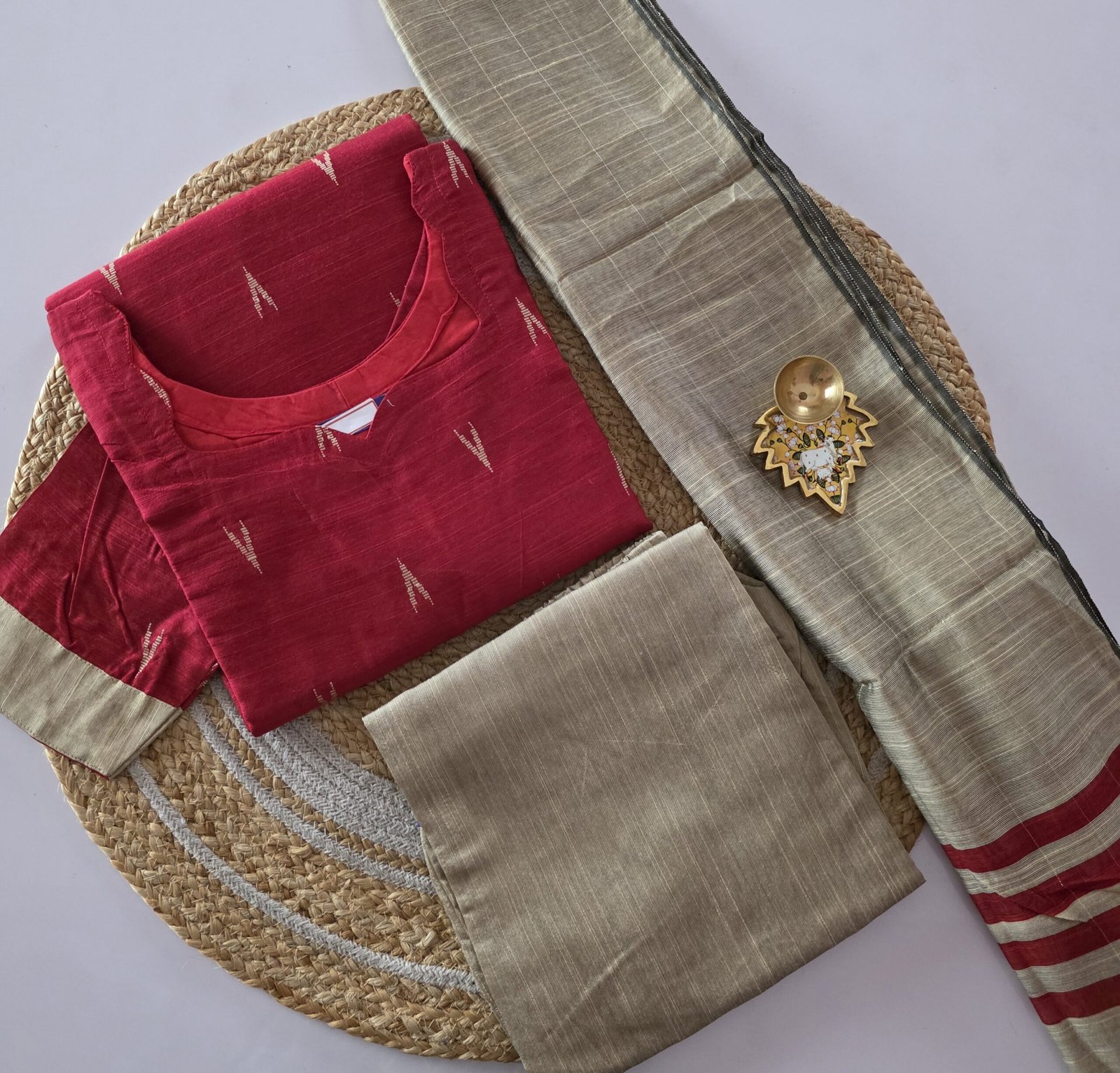 Raw Silk Salwar Set - Ready To Wear - Red